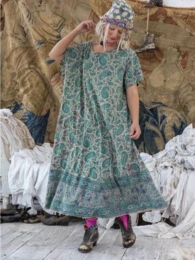 Magnolia Pearl Emerald Green Paisley Blockprint Maxi T-Shirt Dress
